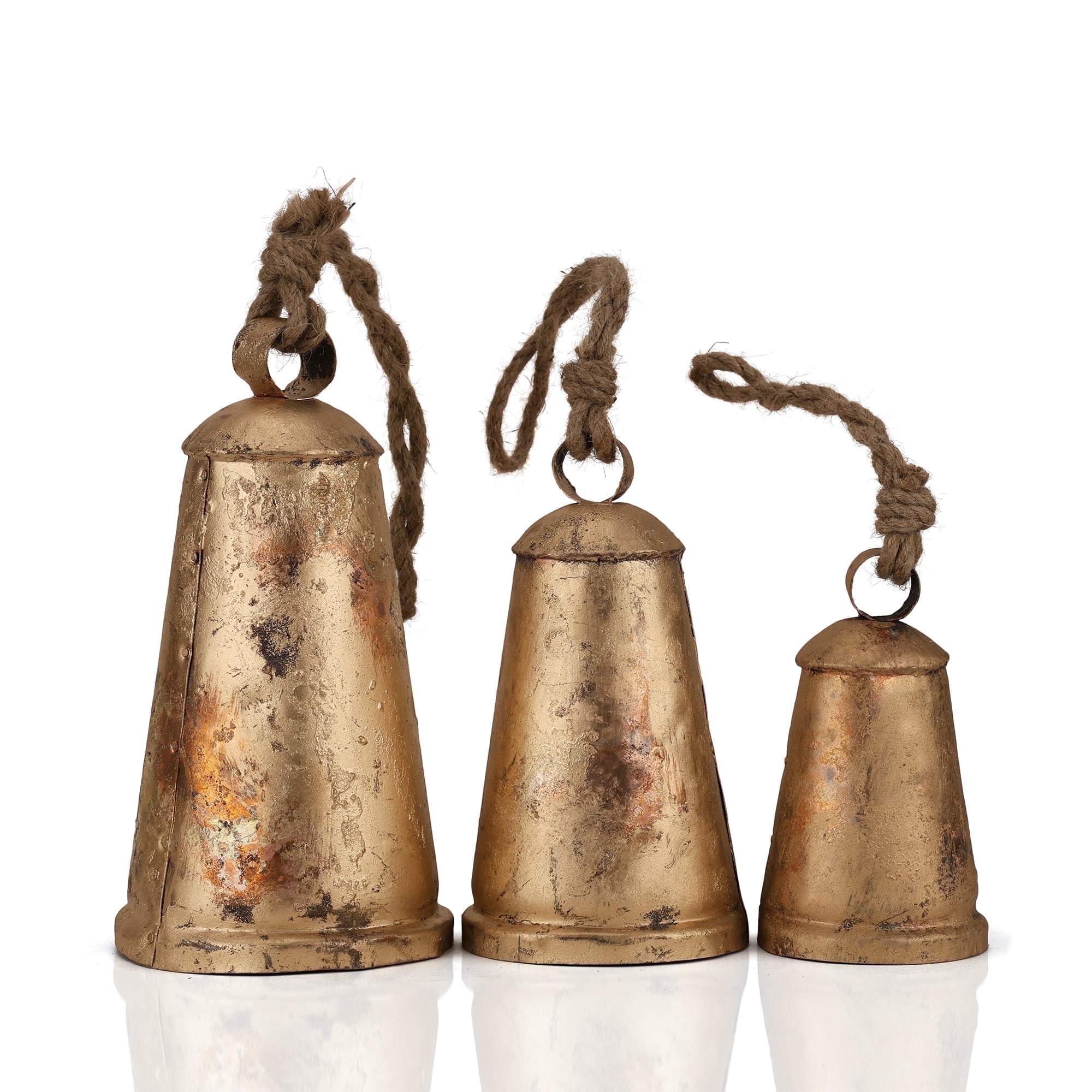 Vivanta Rustic Kettle Cow Bell Decoration Wind Chimes - Holiday Christmas Jingle Sleigh Metal Decorative Bells Decor 3 Pcs, Gold
