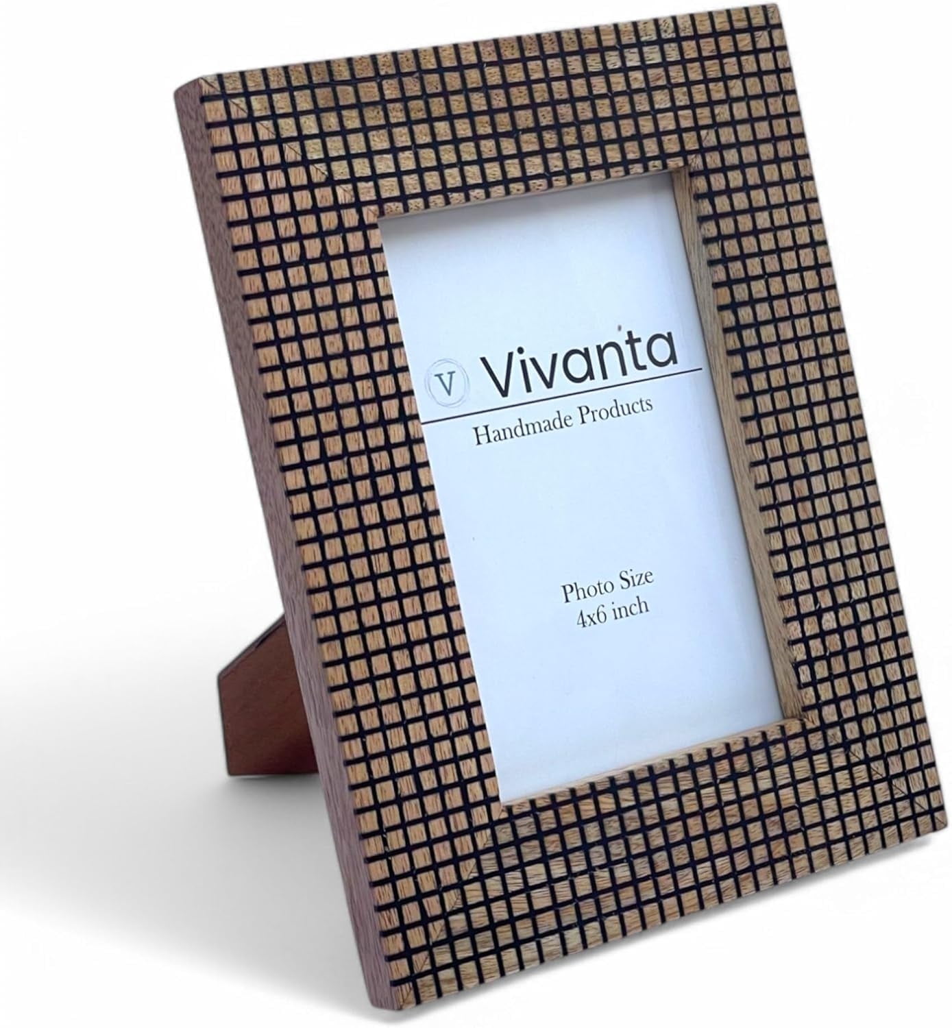 Vivanta 4x6 Mango Wood Picture Frame – Hand-Carved Grid Design, Real Glass, Tabletop Display (Portrait)