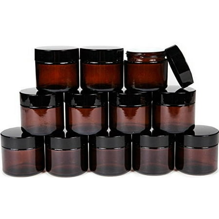 Vivaplex, 12, Amber , 2 oz Round Glass Jars, with Inner Liners and Black Lids