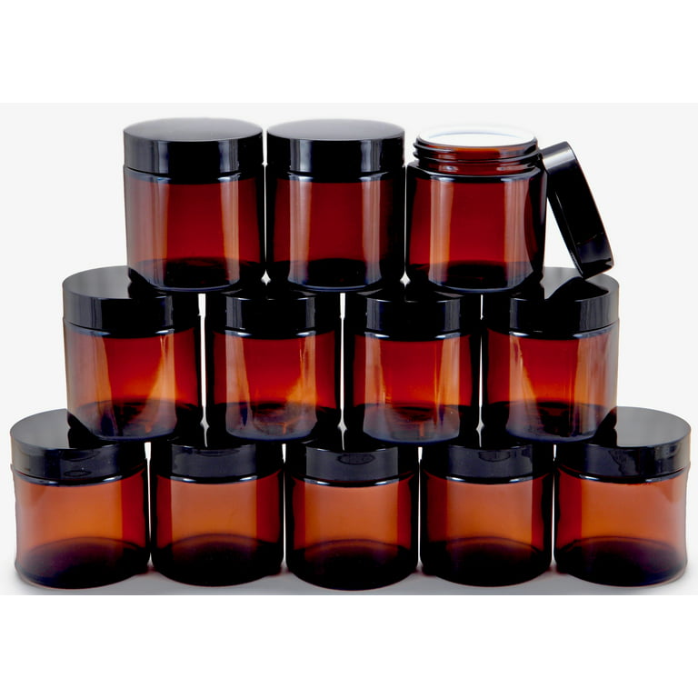 Vivaplex, 12, Amber, 4 oz Round Glass Jars, with Inner Liners and Black Lids  