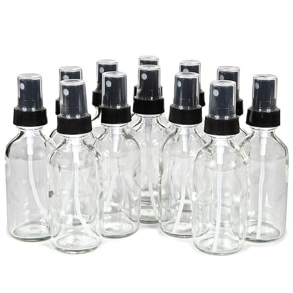 Vivaplex, 12, Clear 2 oz Glass Bottles, With Black Fine Mist Sprayers