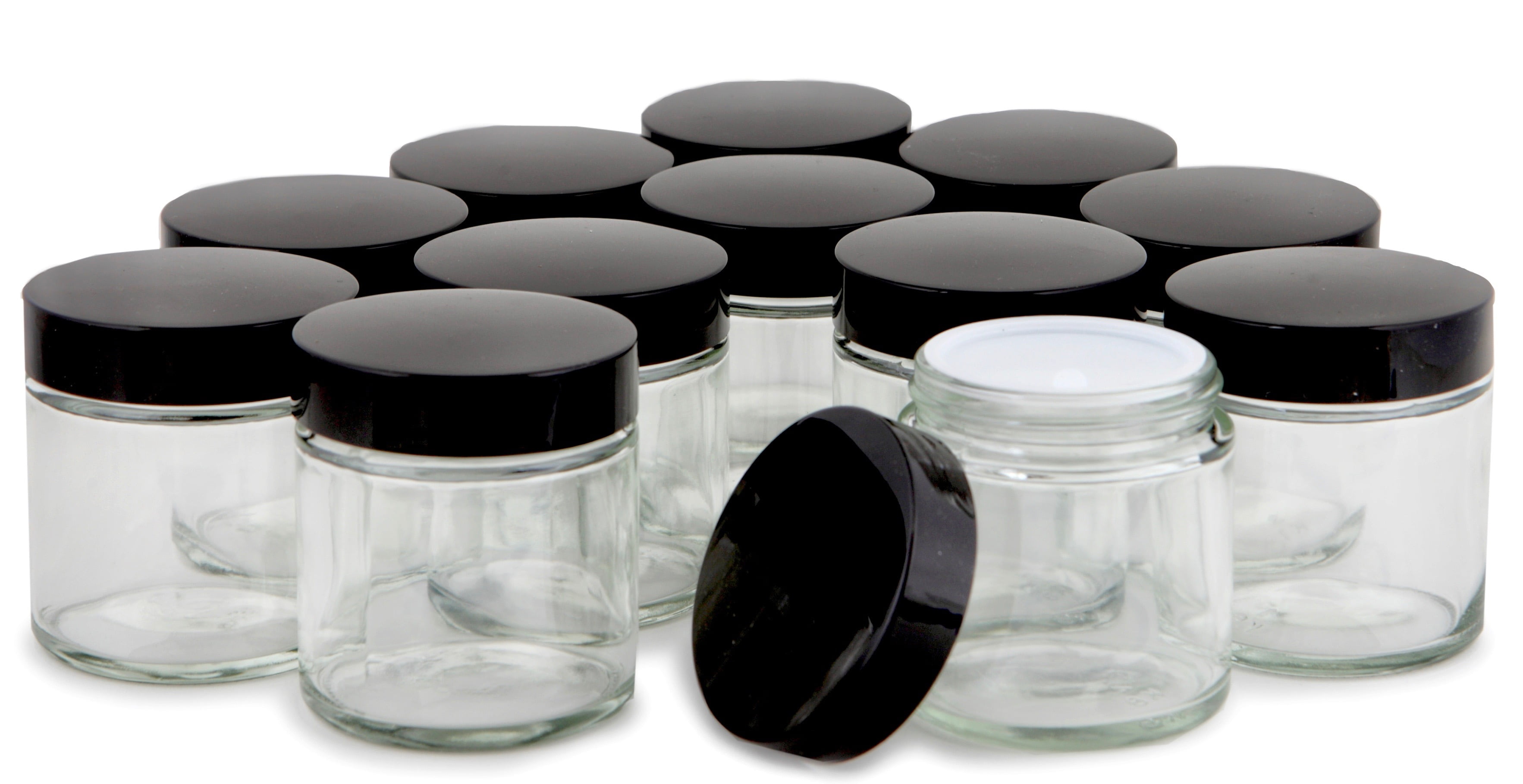Vivaplex, 12, Clear, 4 oz Round Glass Jars, with Inner Liners and Black Lids