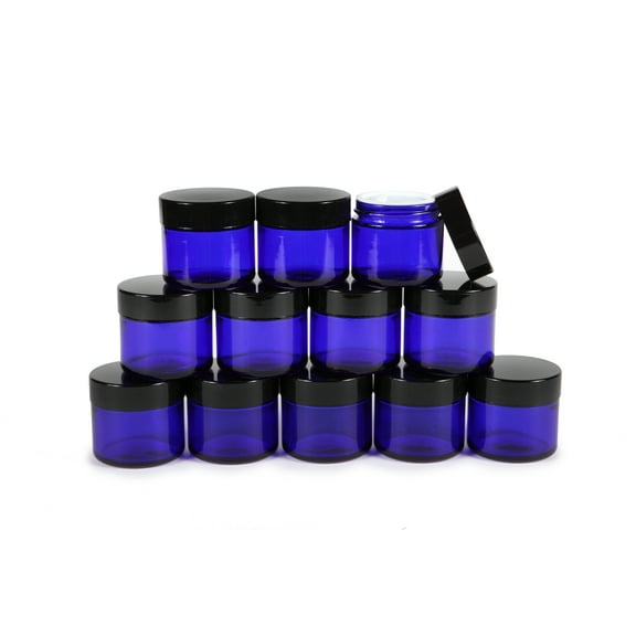 Vivaplex, 12, Cobalt Blue, 2 oz, Round Glass Jars, with Inner Liners and black Lids