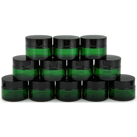 Vivaplex, 12, Green, 1 oz, Round Glass Jars, with Inner Liners and black Lids