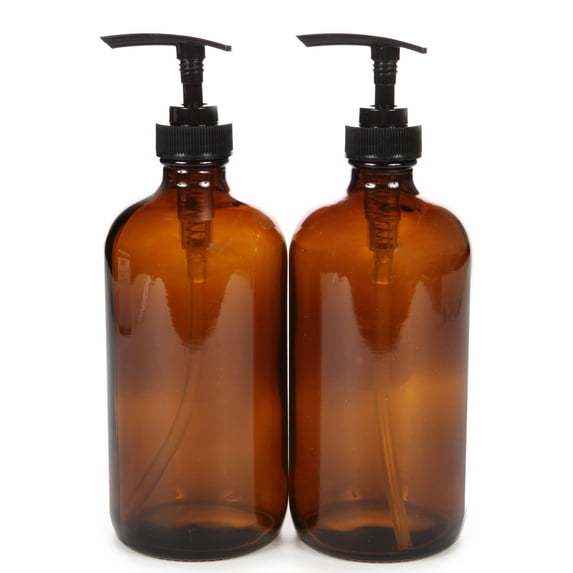 Vivaplex, 2, Large, 16 oz Amber Glass Bottles with Lotion Pumps