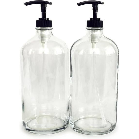 Vivaplex, 2, Large, 32 oz, Empty, Clear Glass Bottles with Black Lotion Pumps
