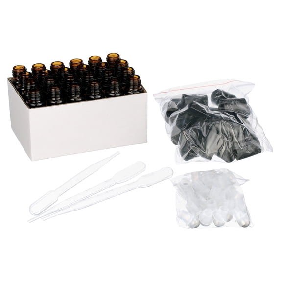 Vivaplex, 24, Amber 10 ml Glass Roll-on Bottles with Stainless Steel Roller Balls - 3 - 3 ml dropper's included