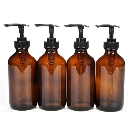 Vivaplex 4 Large 8 oz Empty Amber Glass Bottles with Black Lotion Pumps