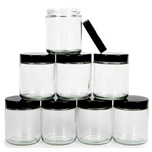 Vivaplex, Clear, 8 ounce, Round Glass Jars, with Black Lids - 8 pack