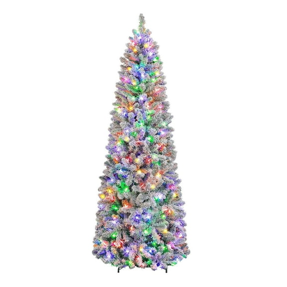 VIVATREES 6ft Pre-lit Flocked Slim Artificial Christmas Tree 544 Hinged Branch Tips Spruce w/ 200 LED Lights 10 Color-Changing Modes Foldable Base
