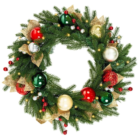 VIVATREES 24in Pre-lit Artificial Christmas Wreath Round PE PVC White LED Lights Battery Operated Garland Wreaths Xmas Holiday Home Door Decoration