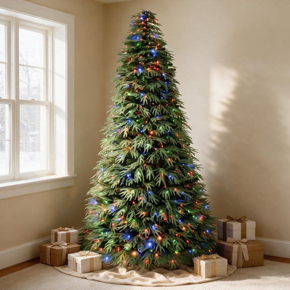 VIVATREES 7.5FT Premium Christmas Tree Pre-Lit Artificial Xmas with 550 Multi Color LED Lights, 5582 PVC PE Hinged Branch Tips Metal Base for Holiday Decor