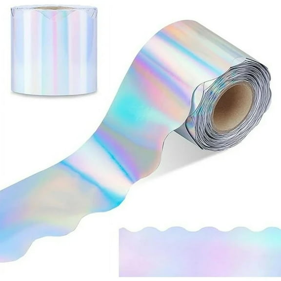 Vivcore Holographic Scalloped Bulletin Board Borders, Iridescent Pastel Bulletin Board Border Trims for Science Project Board and Display, 65 Feet Continuous Roll