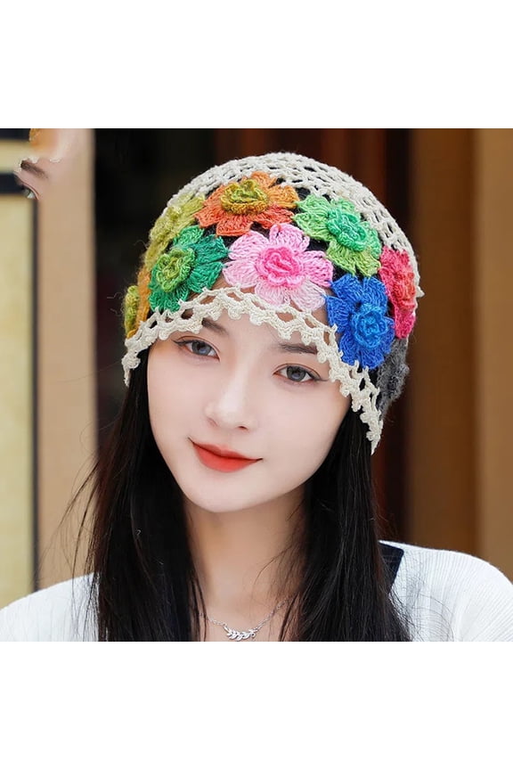 Vintage Handmade Crochet Floral Knit Earflap Hat Cotton Blend Breathable Hollow Out Cap for Women