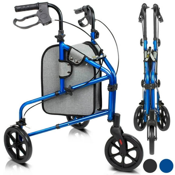 Vive 3 Wheel Walker Rollator for Senioirs - Lightweight Foldable Walking Transport, Weight Capacity 250lbs, Blue