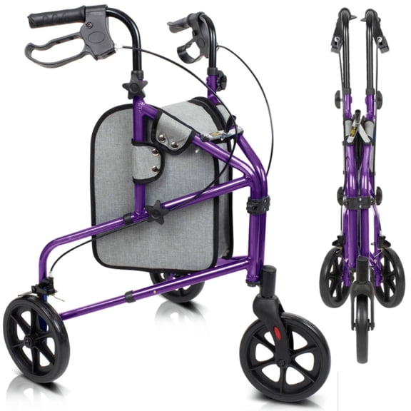 Vive 3 Wheel Walker Rollator for Seniors - Lightweight Foldable Walking Transport, Weight Capacity 250lbs, Purple