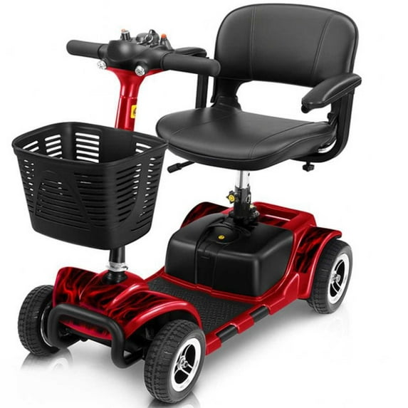 Vive 4 Wheel Battery Powered Mobility Scooter - Electric Transport Chair- Compact Heavy Duty Mobile for Travel, Adults, Elderly with Basket and Charger Included, Red Fire