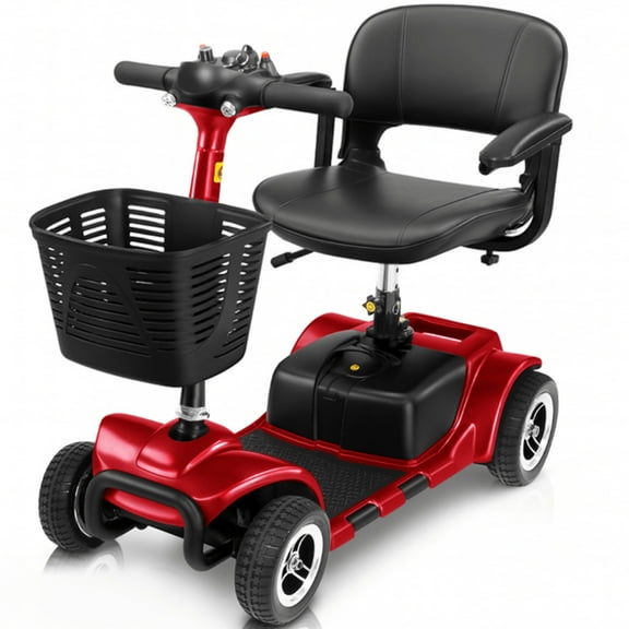 Vive 4 Wheel Battery Powered Mobility Scooter - Electric Transport Chair- Compact Heavy Duty Mobile for Travel, Adults, Elderly with Basket and Charger Included, Red