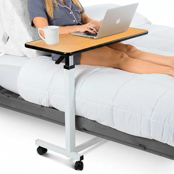 Vive XL Overbed Table  Adjustable Hospital Bedside Table with Swivel Wheels  Rolling Tray Desk for Laptop, Meals, Reading, and Recovery  Ideal for Bedridden or Elderly (Brown)