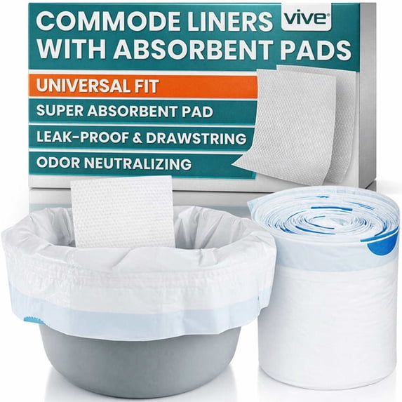 Vive Commode Liners with Absorbent Pads – Disposable Bedside Commode & Porta Potty Bags – Fits Standard, Bariatric, 3-in-1 & Folding Buckets – Leakproof Replacement Liners (72 Pack)