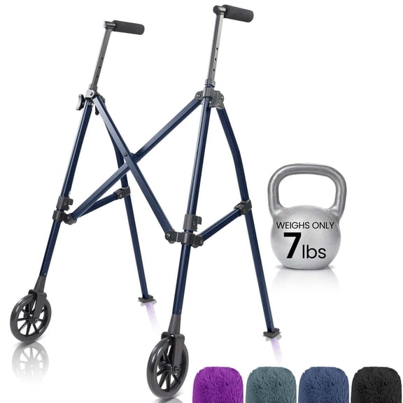 Vive Compact Airframe Lightweight Rolling Walker for Seniors – Foldable Aluminum Mobility Aid with 6” Front Wheels, Rear Ski Glides, Adjustable Height, Portable Travel Walker, Midnight Blue