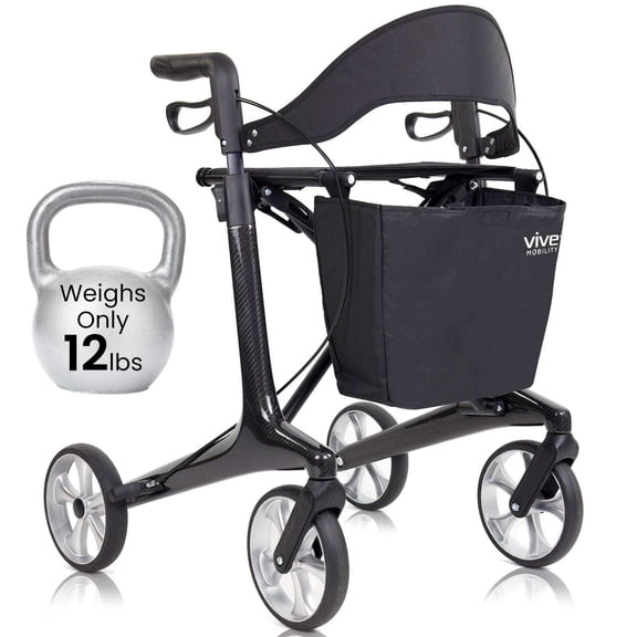 Vive Rollator Walker for Seniors with Seat, Lightweight Carbon Fiber Folding Mobility Aid, Height Adjustable with Brakes, Armrests and Storage Bag, Black, 12 lbs