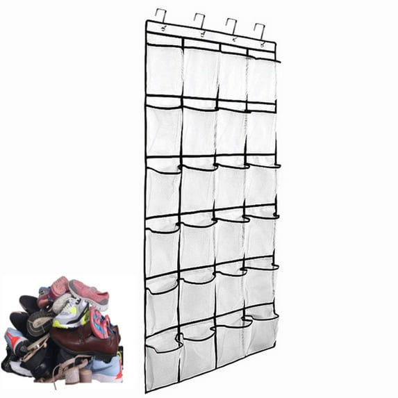 Vive Fox Hanging Shoe Organizer Foldable Over The Door Organizer 24 Mesh Large Pockets 4 Hooks Rack Men Women Kids Holder White