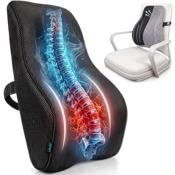 Vive Full Lumbar Cushion – Memory Foam Back Support Pillow for Lower Back Pain Relief – Ergonomic Mesh Seat Cushion for Office Chair, Car & Home – Orthopedic Contour Design for Better Posture, Black