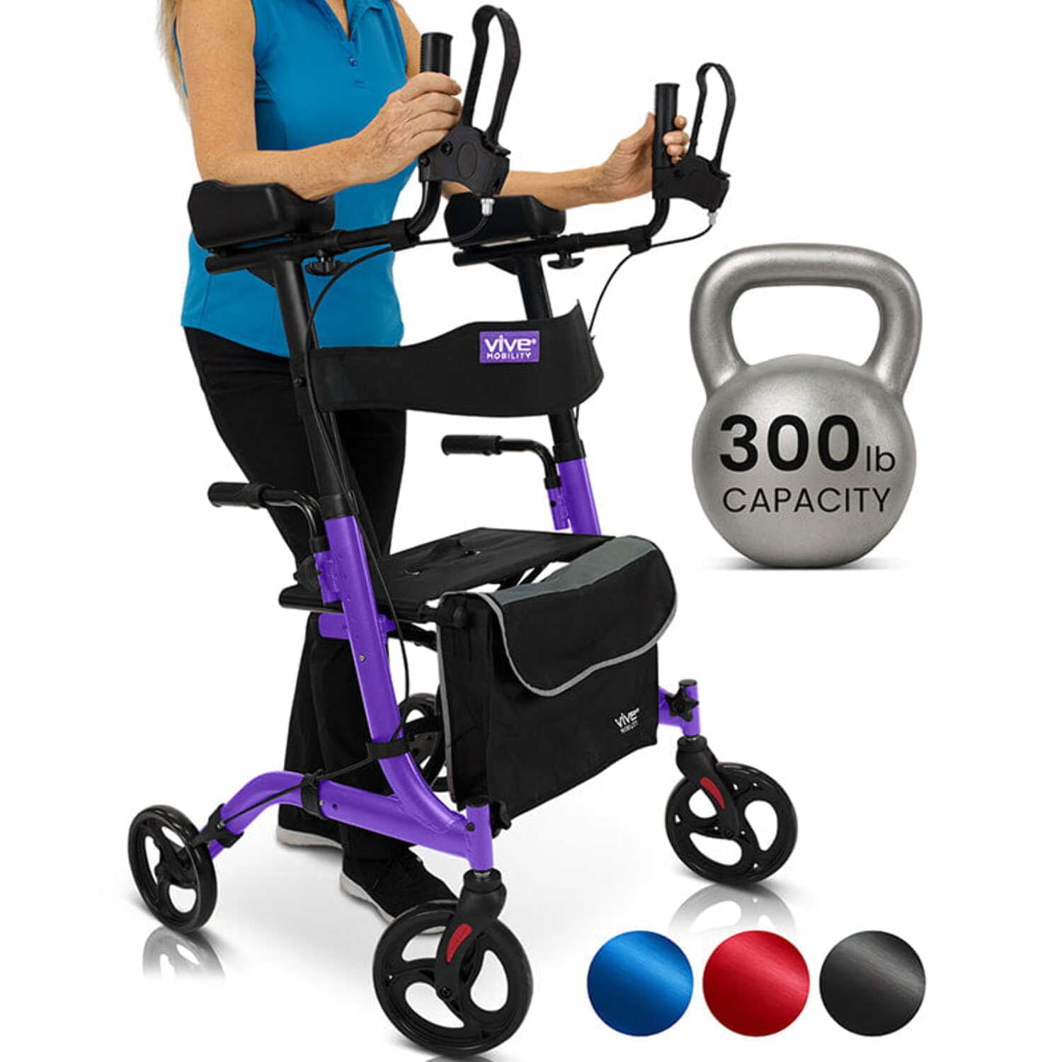 Vive Mobility Upright Walker with Seat for Seniors – Folding Stand Up Rollator Walker, Heavy Duty Medical Mobility Aid with Arm Rests for Elderly Women and Men, Purple