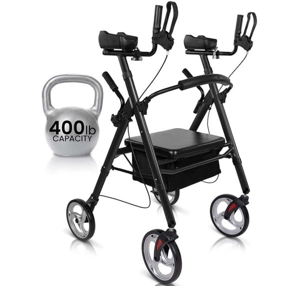 Vive Mobility Upright Walker T-Series – Outdoor Stand-Up Rollator with Seat for Seniors, Black