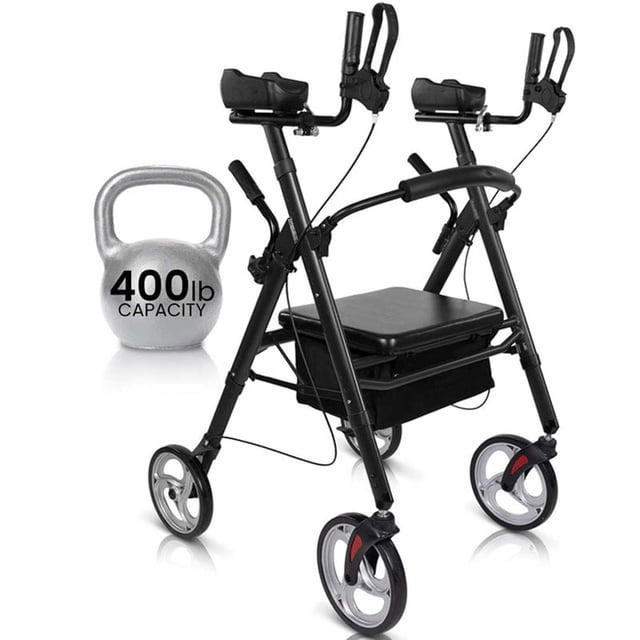 Vive Mobility Upright Walker T-Series – Outdoor Stand-Up Rollator with Seat for Seniors, Black
