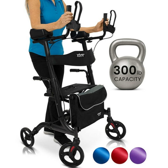 Vive Mobility Upright Walker with Seat for Seniors – Folding Stand Up Rollator Walker, Heavy Duty Medical Mobility Aid with Arm Rests for Elderly Women and Men, Black