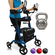 Vive Mobility Upright Walker with Seat for Seniors   Folding Stand Up Rollator Walker, Heavy Duty Medical Mobility Aid with Arm Rests for Elderly Women and Men, Blue