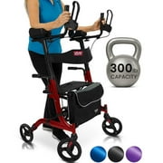 Vive Mobility Upright Walker with Seat for Seniors   Folding Stand Up Rollator Walker, Heavy Duty Medical Mobility Aid with Arm Rests for Elderly Women and Men, Red