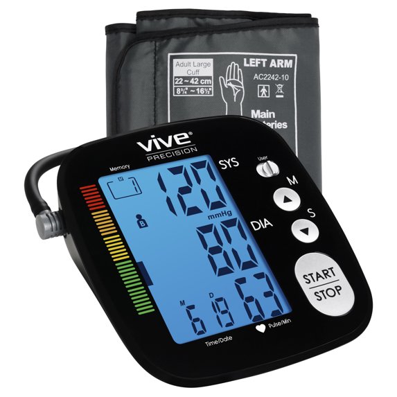 Vive Precision Blood Pressure Machine - Heart Rate Monitor - Automatic BPM Upper Arm Cuff (Black)