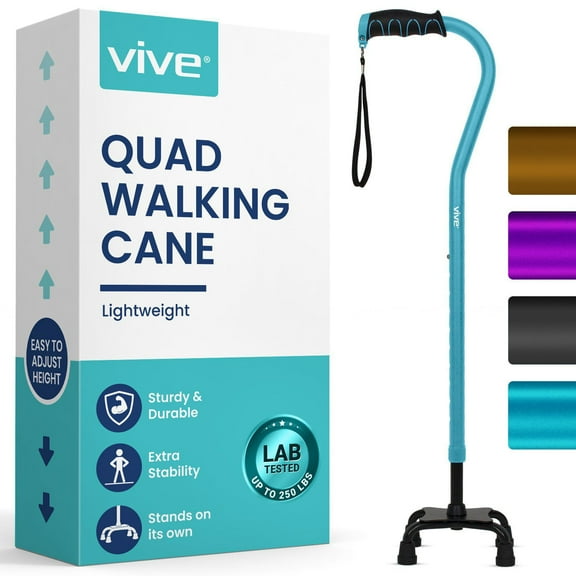 Vive Quad Cane - Walking Stick for Men and Women - Four Prong Sturdy Aluminum Travel Aid - 4 Tip