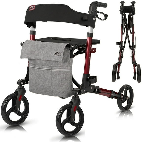 Vive Sunstride Rollator for Seniors - Foldable Walker with Seat, Durable Aluminum Frame, 8-inch All-Terrain Wheels