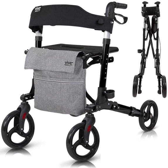 Vive Sunstride Rollator for Seniors - Foldable Walker with Seat, Durable Aluminum Frame, 8-inch All-Terrain Wheels