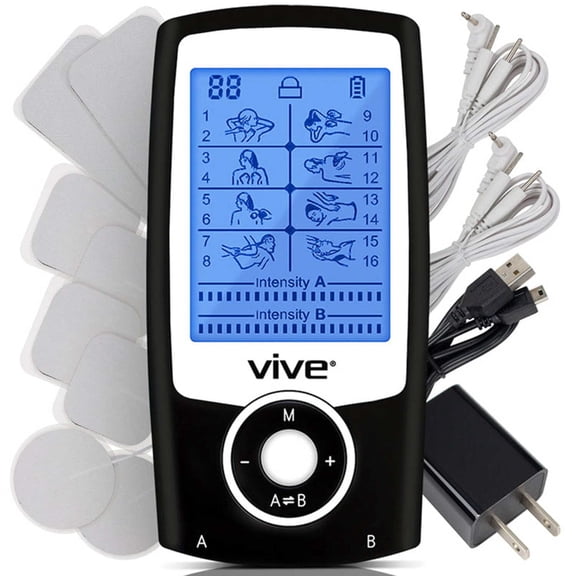 Vive TENS Unit Muscle Stimulator, Portable Electrical Nerve Stimulation Machine with 8 Modes and Self-Adhering Electrode Pads