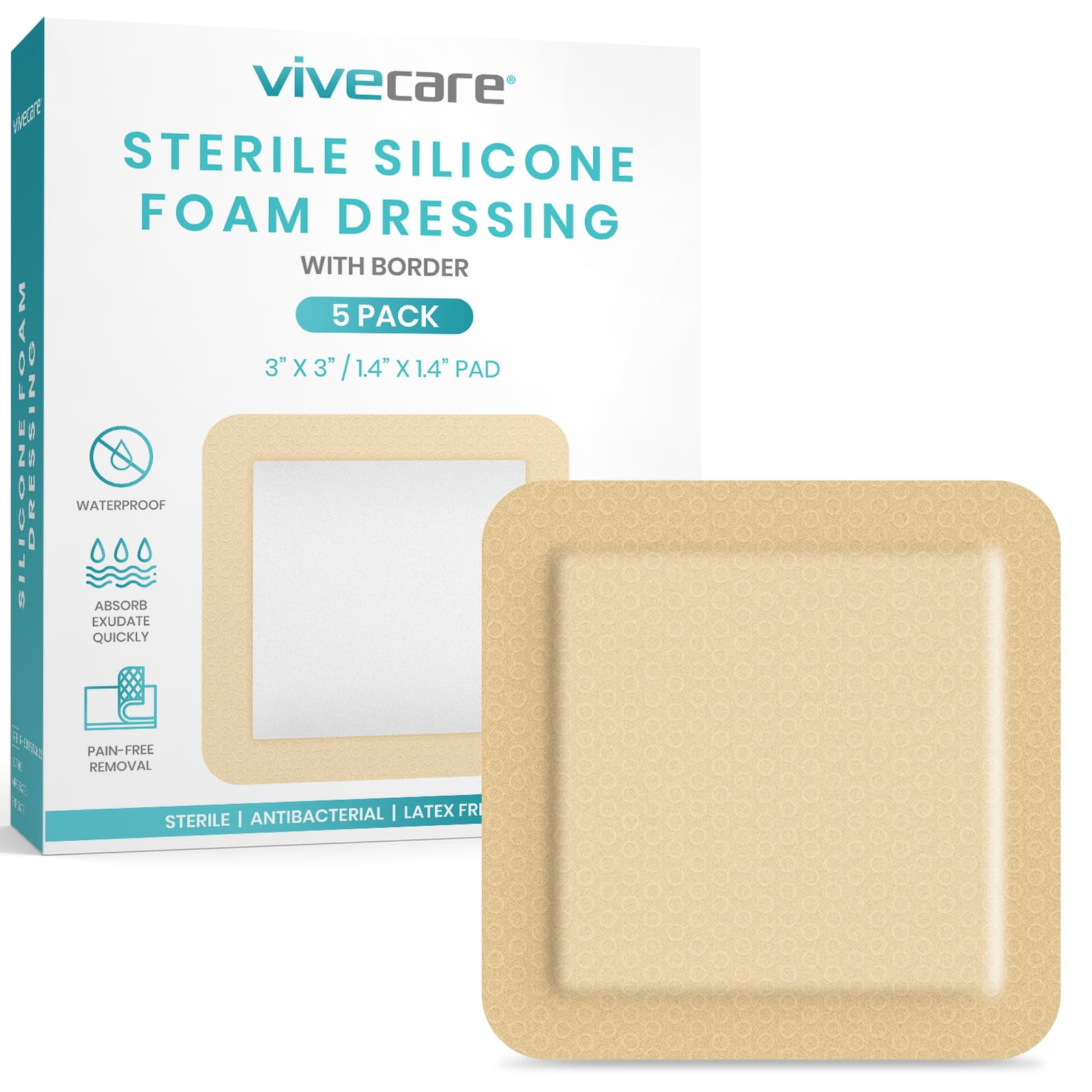 ViveCare Silicone Foam Wound Dressing (3x3, 5 Pack) Large Self