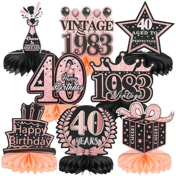 Viveous 8pcs Women Birthday Party Decoration Rose Gold 40th Birthday Honeycomb Centerpiece