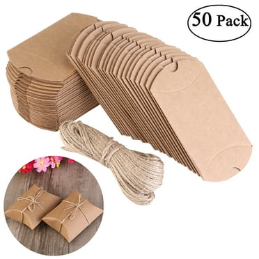 Viveous Kraft Boxes Pillow Candy Box with Jute Twine Kraft Paper Gift Boxes For Wedding Gifts 50pcs