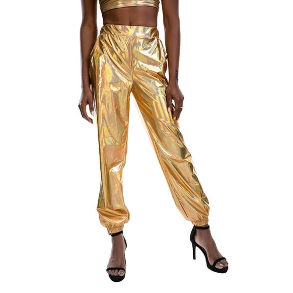 Viveous Shiny High Waist Stretchy Jogger Pants Street Hip- hop Pants Loose Club Wear Trousers Sweatpant