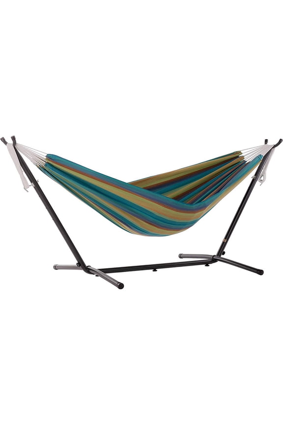 Vivere Brazilian Style Sunbrella Outdoor Double Hammock with Steel Stand, Lagoon