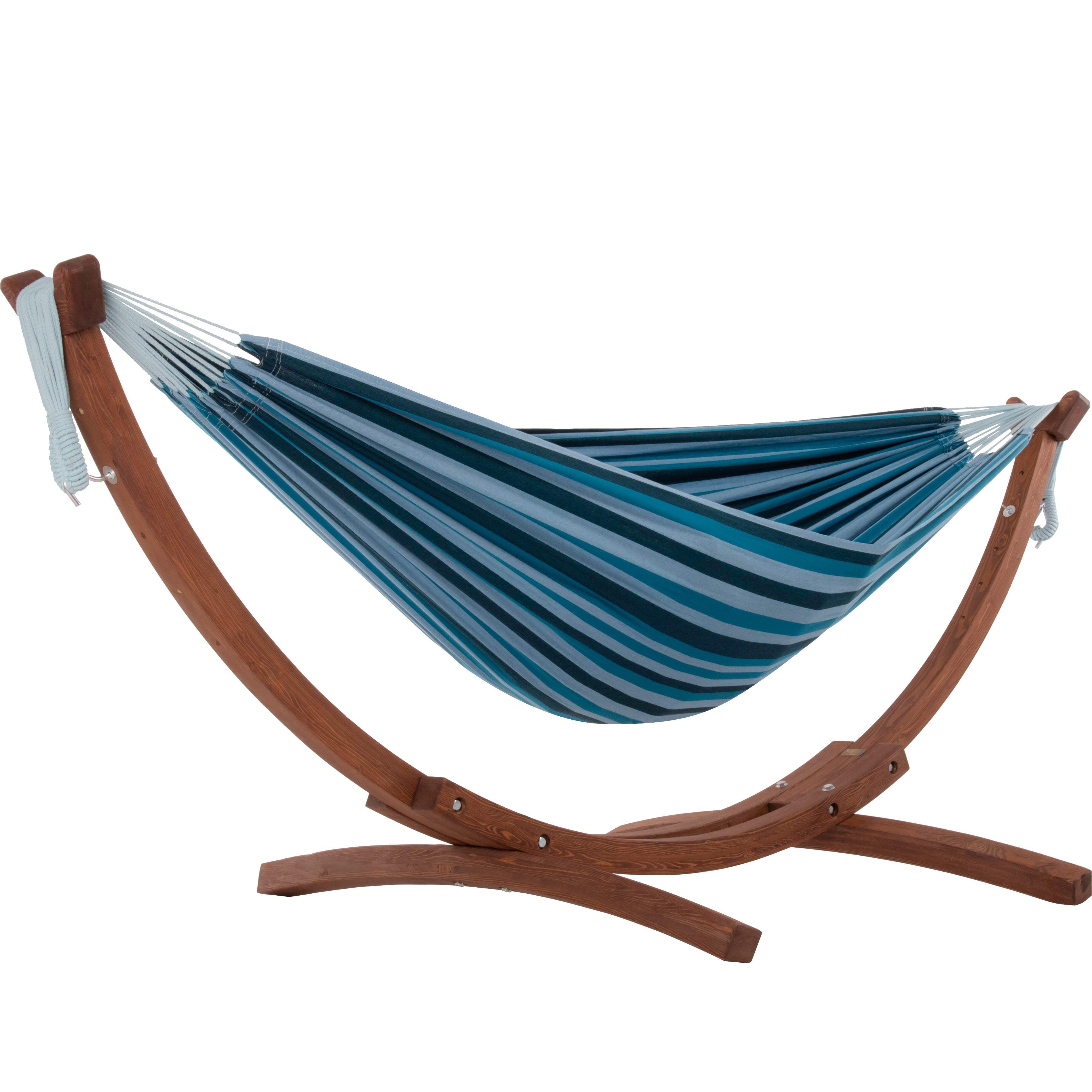 Vivere Double Cotton Hammock with Solid Pine Arc Stand - Blue Lagoon (8ft) (FSC Certified)