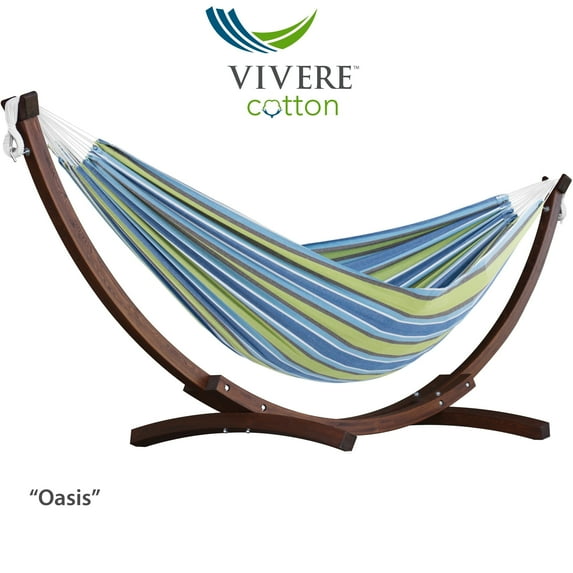 Vivere Double Cotton Hammock with Solid Pine Stand- Oasis