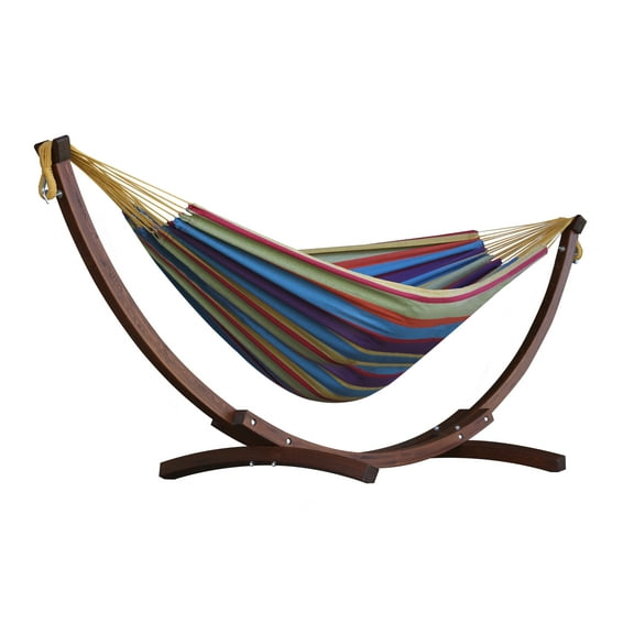 Double Cotton Hammock with Solid Pine Arc Stand  - Tropical (8ft)  (FSC Certified)