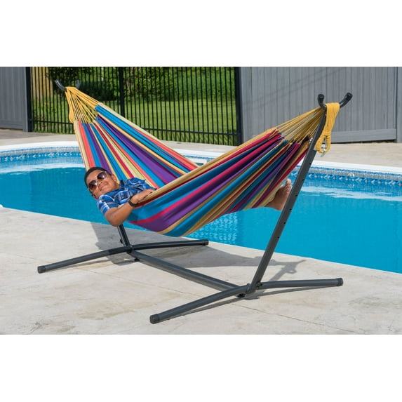 Vivere Double Cotton Hammock, Comfortable Daybed with Steel Stand, 9 Foot, Tropical