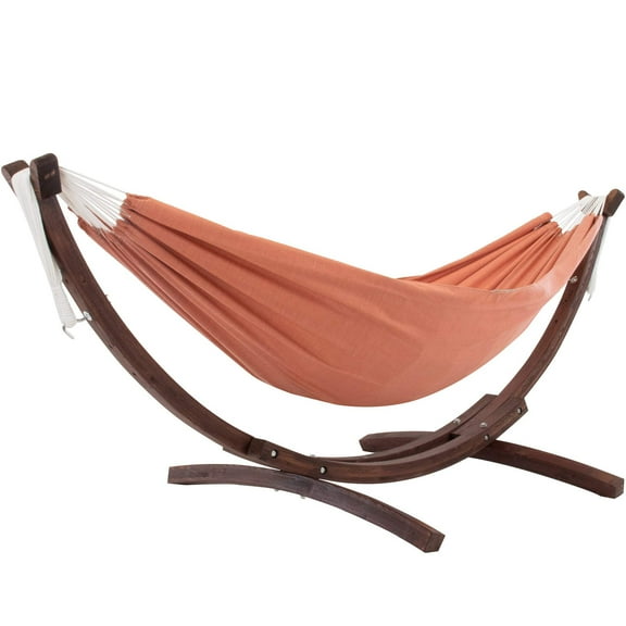Vivere Double Sunbrella Hammock with Solid Pine Arc Stand- Coral