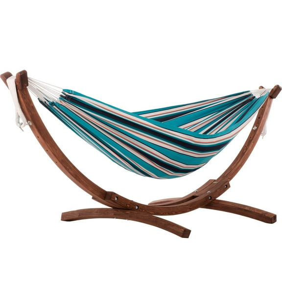 Vivere Double Sunbrella® Hammock with Solid Pine Arc Stand - Surfside (8ft) (FSC Certified)